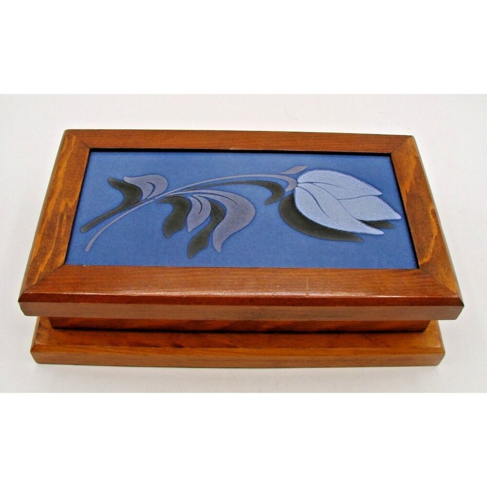 Wooden Jewelry Trinket Box Blue Flower Rose Design Enamel Inlay Hinged 9.5x5.5"